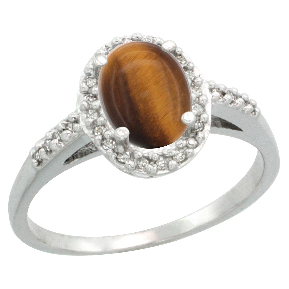 Sterling Silver Diamond Natural Tiger Eye Ring Oval 8x6mm, 3/8 inch wide, sizes 5-10