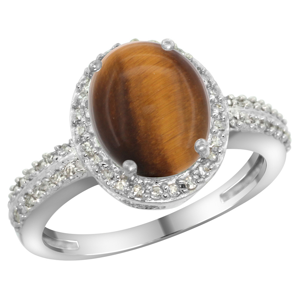 Sterling Silver Diamond Natural Tiger Eye Ring Oval 10x8mm, 1/2 inch wide, sizes 5-10