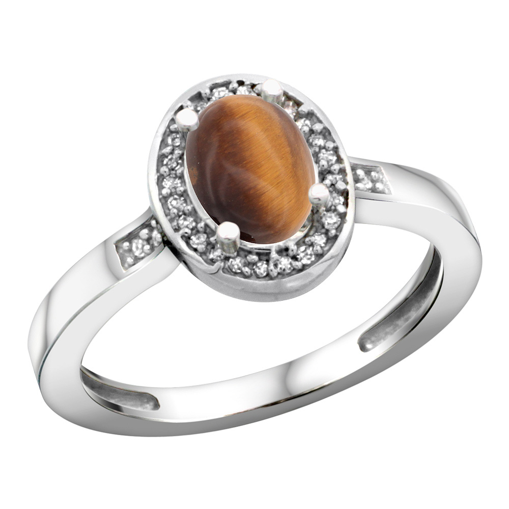 Sterling Silver Diamond Natural Tiger Eye Ring Oval 7x5mm, 1/2 inch wide, sizes 5-10