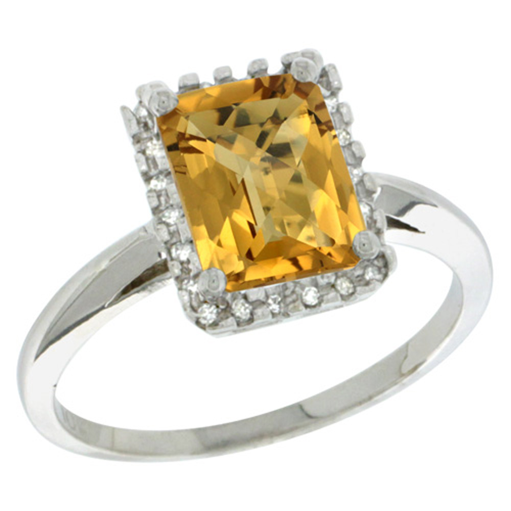Sterling Silver Diamond Natural Whisky Quartz Ring Emerald-cut 8x6mm, 1/2 inch wide, sizes 5-10