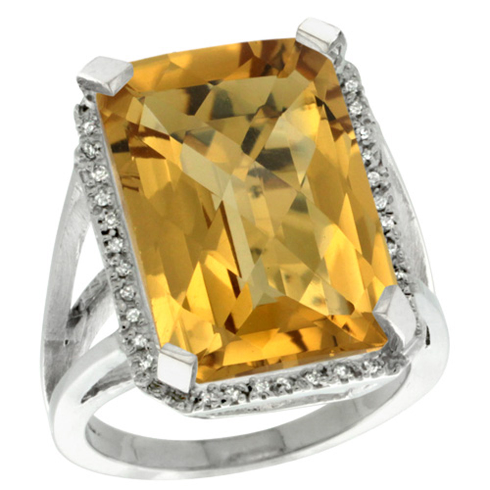 Sterling Silver Diamond Natural Whisky Quartz Ring Emerald-cut 18x13mm, 13/16 inch wide, sizes 5-10