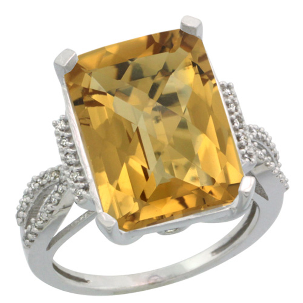 Sterling Silver Diamond Natural Whisky Quartz Ring Emerald-cut 16x12mm, 3/4 inch wide, sizes 5-10