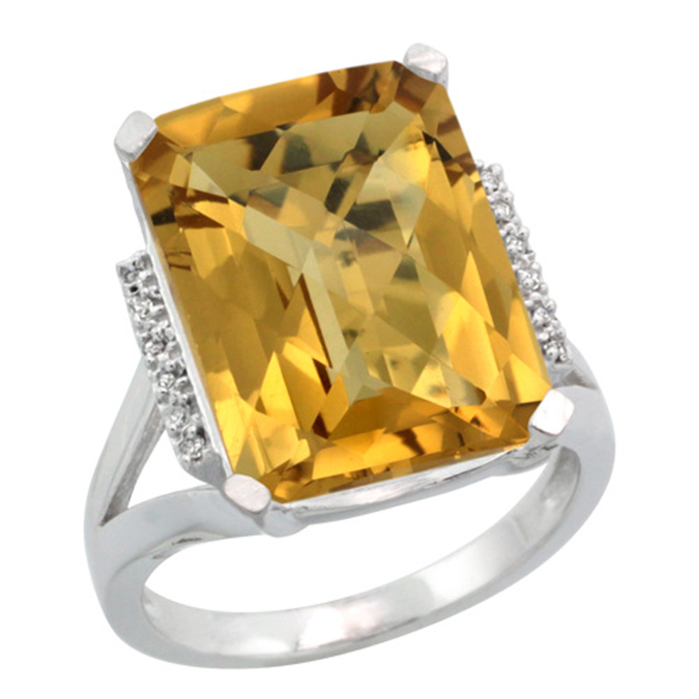 Sterling Silver Diamond Natural Whisky Quartz Ring Emerald-cut 16x12mm, 3/4 inch wide, sizes 5-10