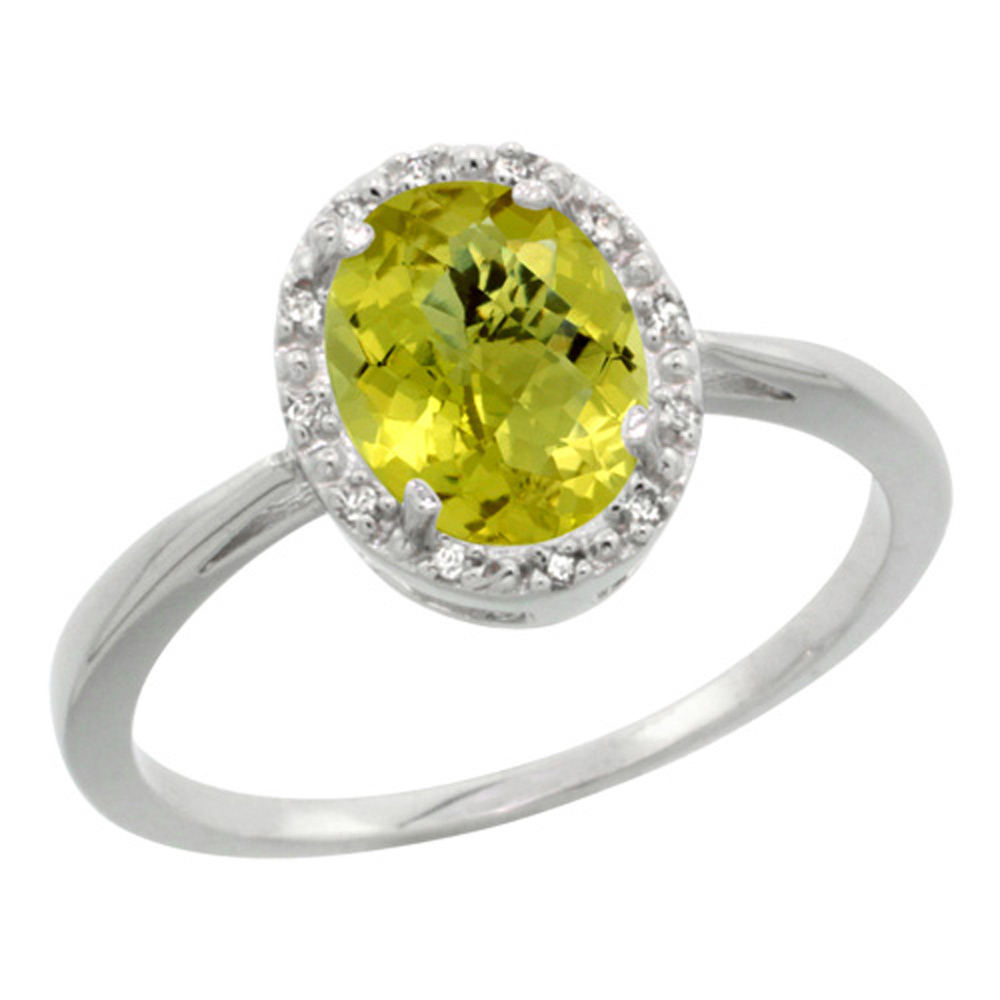 Sterling Silver Natural Lemon Quartz Diamond Halo Ring Oval 8X6mm, 1/2 inch wide, sizes 5 10