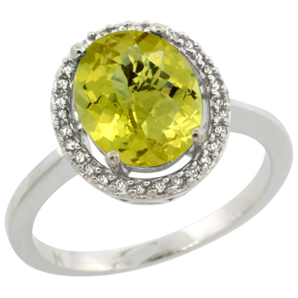 Sterling Silver Diamond Halo Natural Lemon Quartz Ring Oval 10X8 mm, 1/2 inch wide, sizes 5 10
