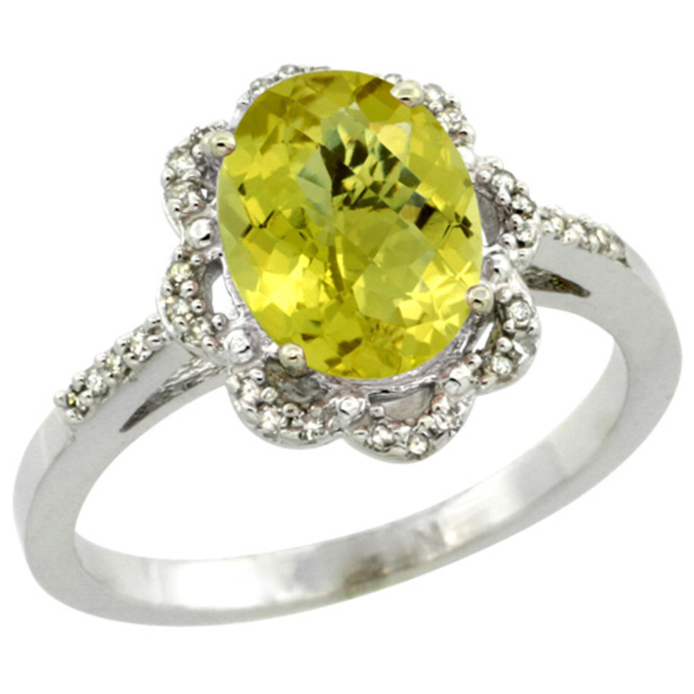 Sterling Silver Diamond Halo Natural Lemon Quartz Ring Oval 9x7mm, 7/16 inch wide, sizes 5-10