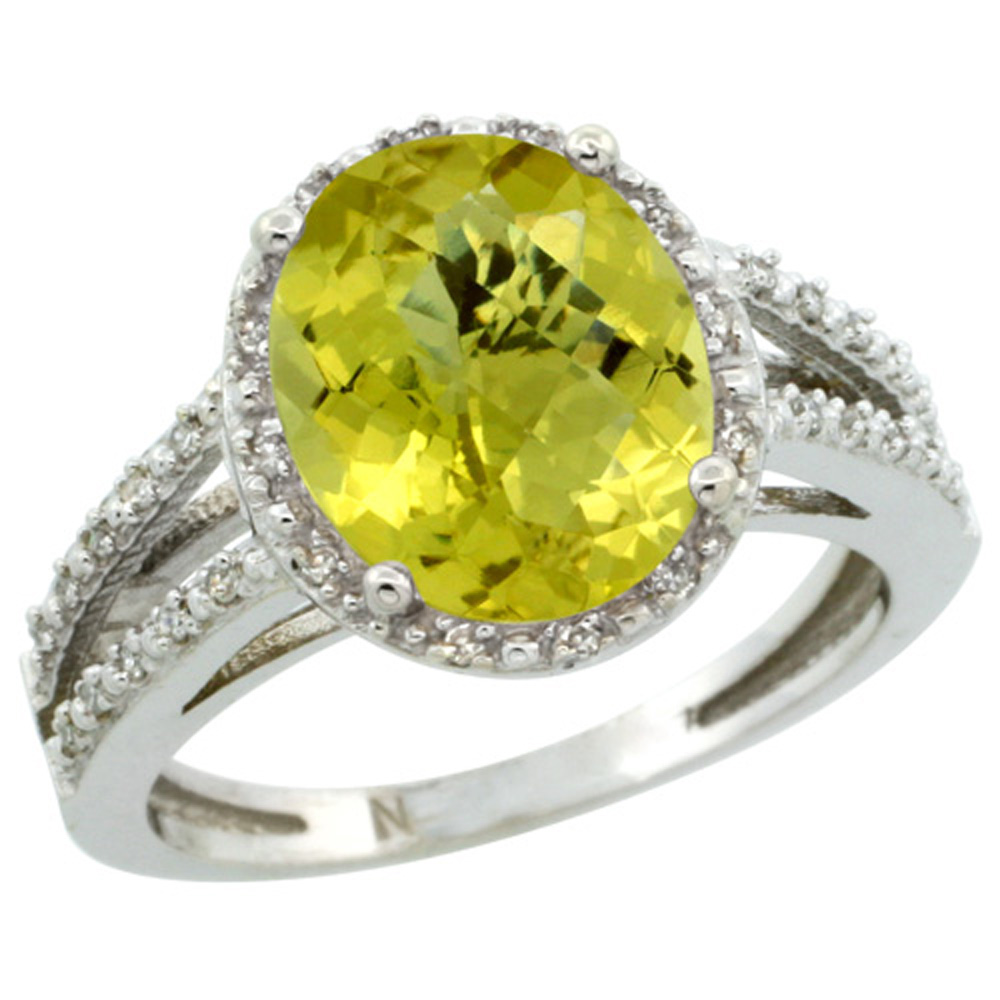 Sterling Silver Diamond Halo Natural Lemon Quartz Ring Oval 11x9mm, 7/16 inch wide, sizes 5-10