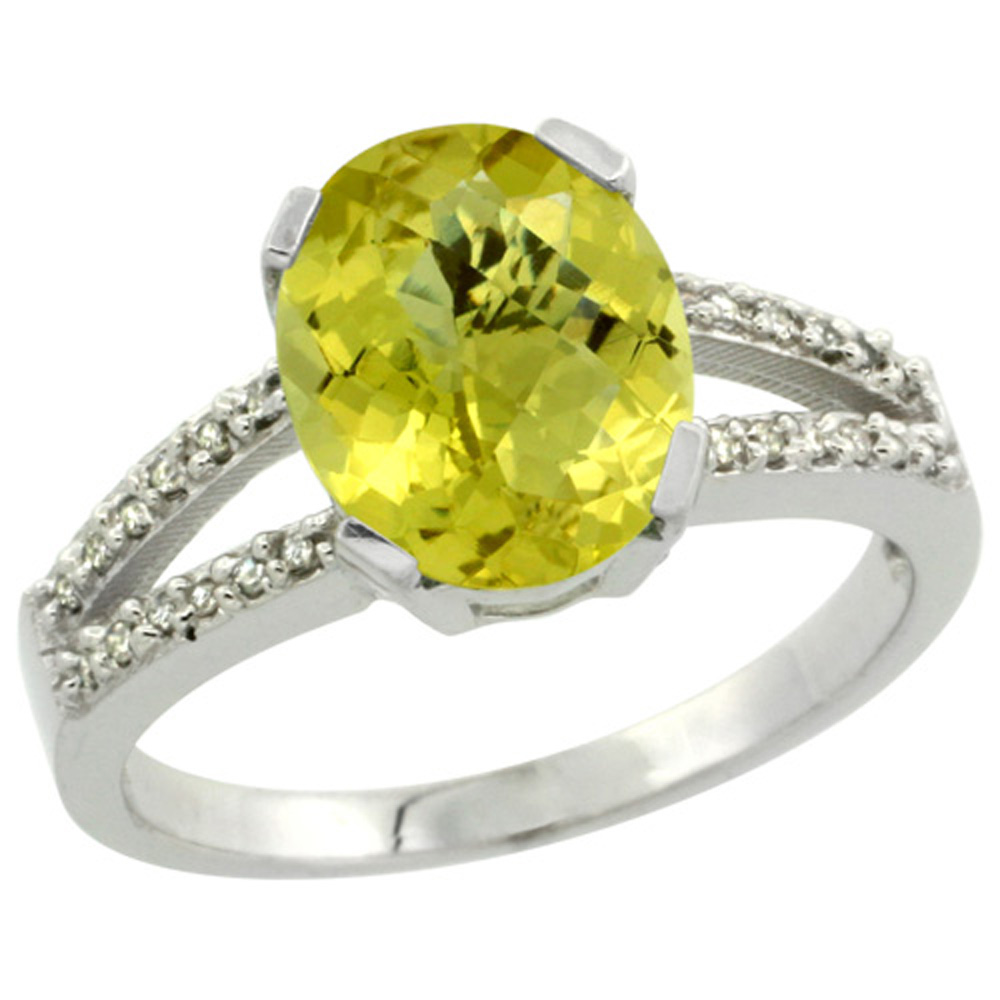 Sterling Silver Diamond Halo Natural Lemon Quartz Ring Oval 10x8mm, 3/8 inch wide, sizes 5-10