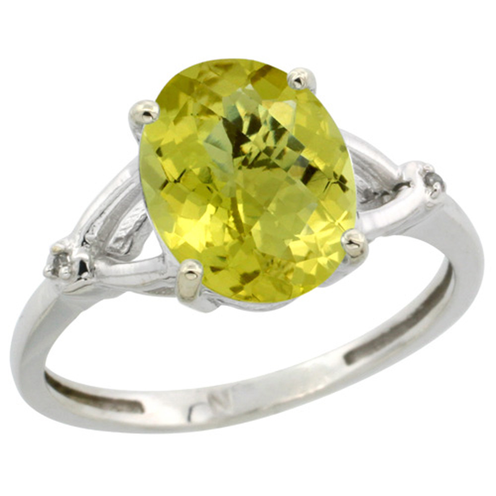 Sterling Silver Diamond 10x8mm Oval Natural Lemon Quartz Engagement Ring for Women 3/8 inch wide Sizes 5-10