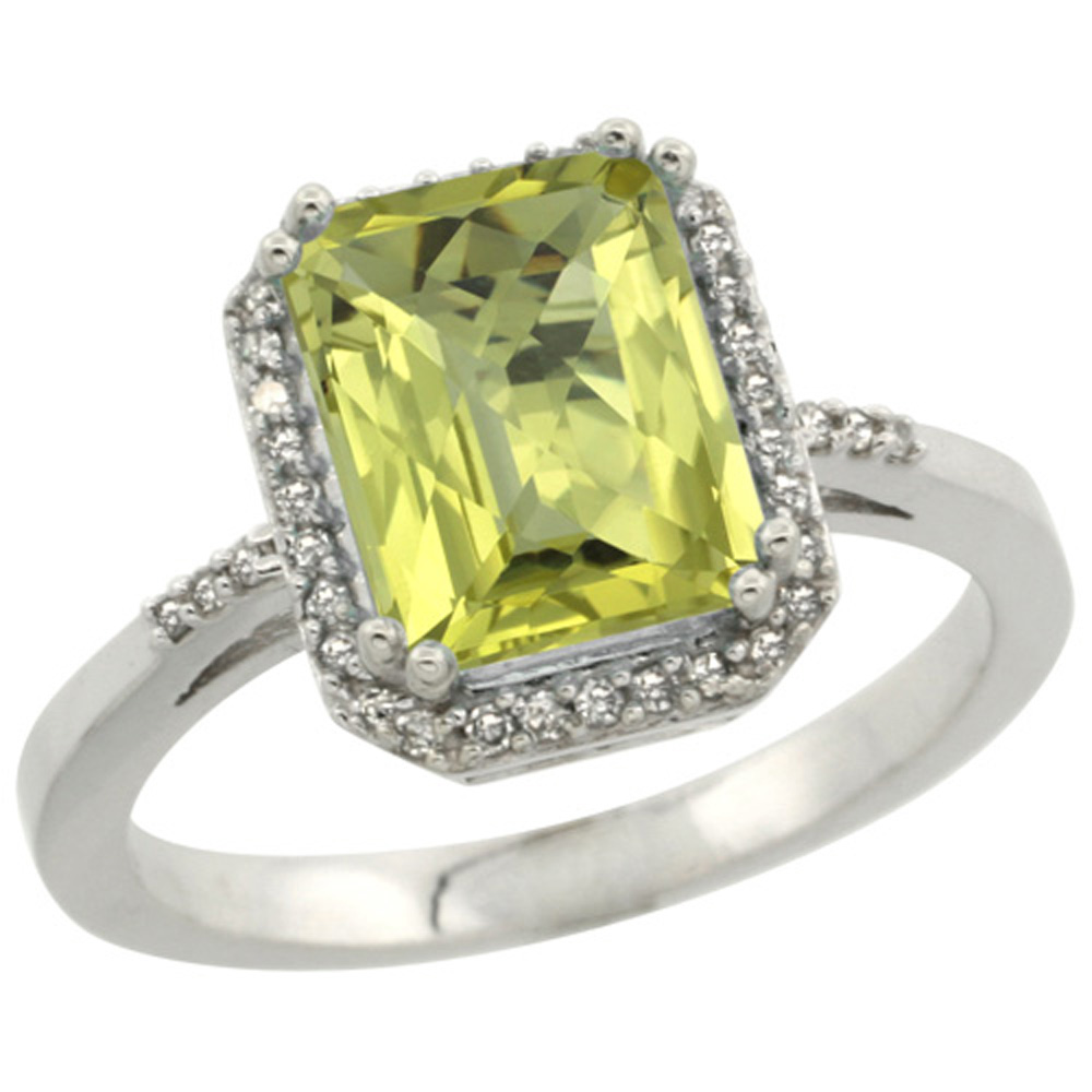Sterling Silver Diamond Natural Lemon Quartz Ring Emerald-cut 9x7mm, 1/2 inch wide, sizes 5-10
