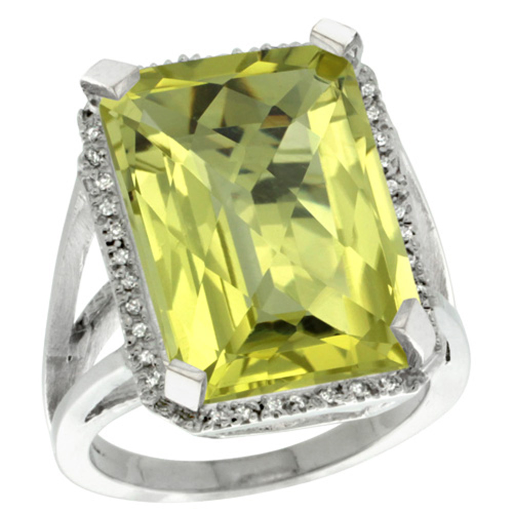 Sterling Silver Diamond Natural Lemon Quartz Ring Emerald-cut 18x13mm, 13/16 inch wide, sizes 5-10