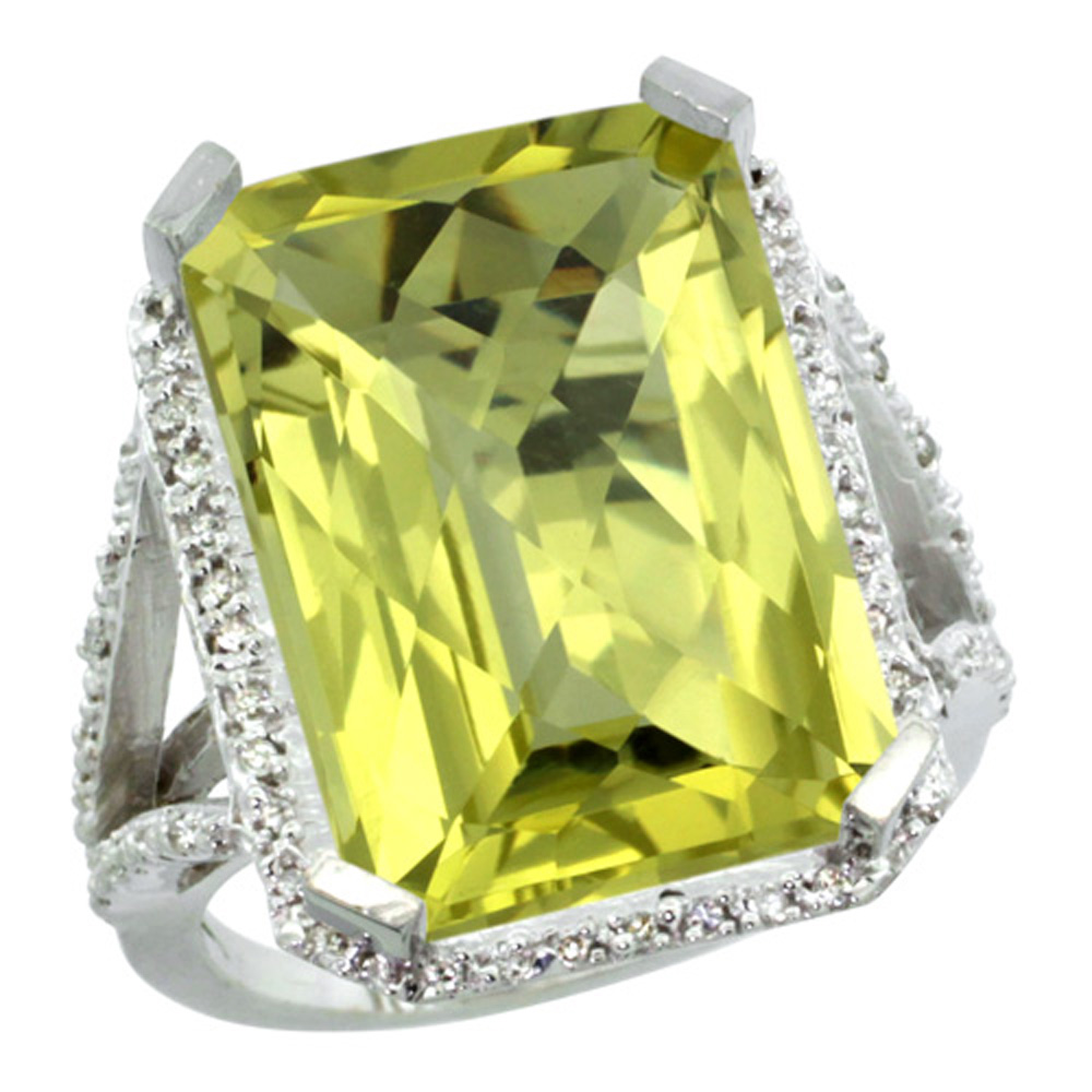 Sterling Silver Diamond Natural Lemon Quartz Ring Emerald-cut 18x13mm, 13/16 inch wide, sizes 5-10