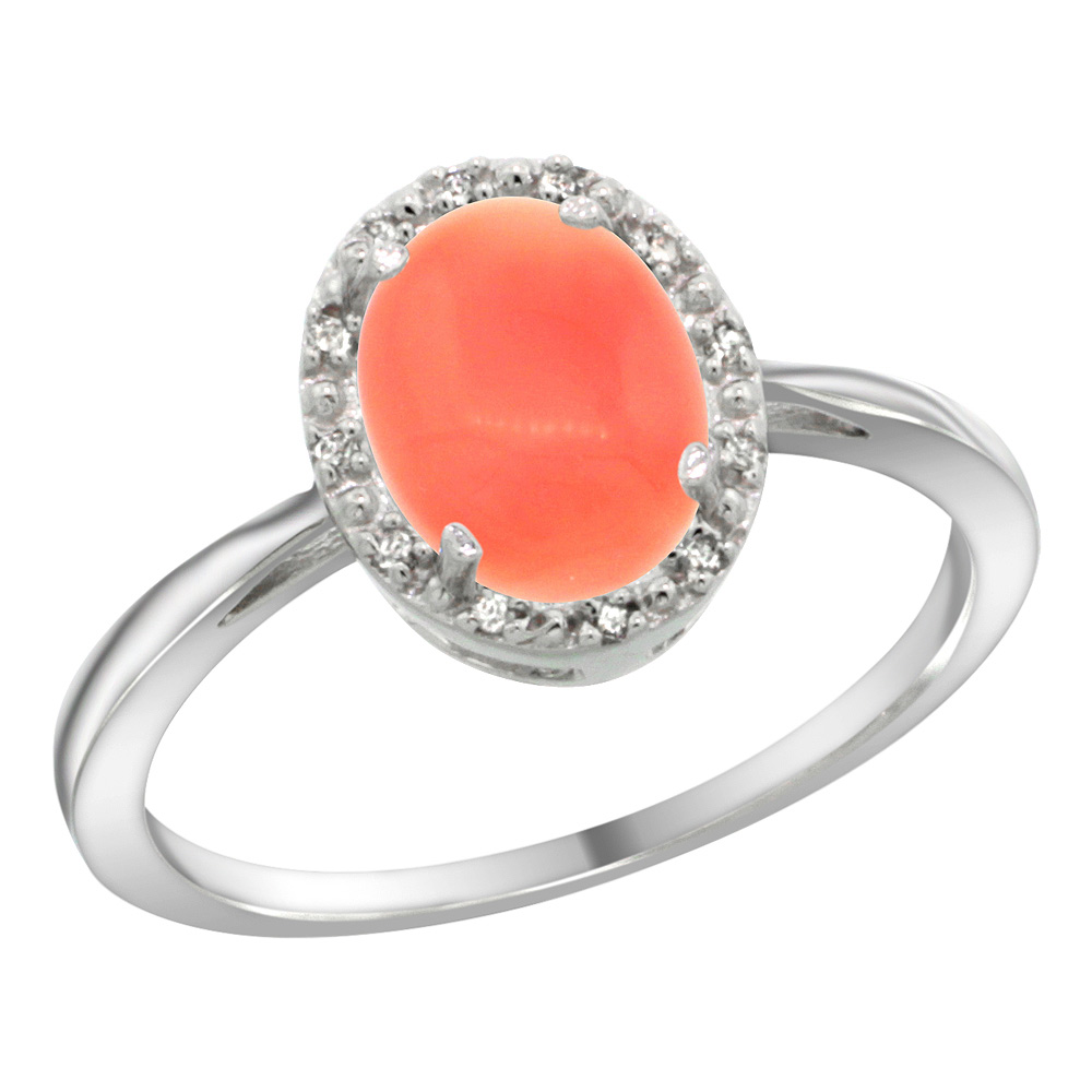 Sterling Silver Natural Coral Diamond Halo Ring Oval 8X6mm, 1/2 inch wide, sizes 5 10
