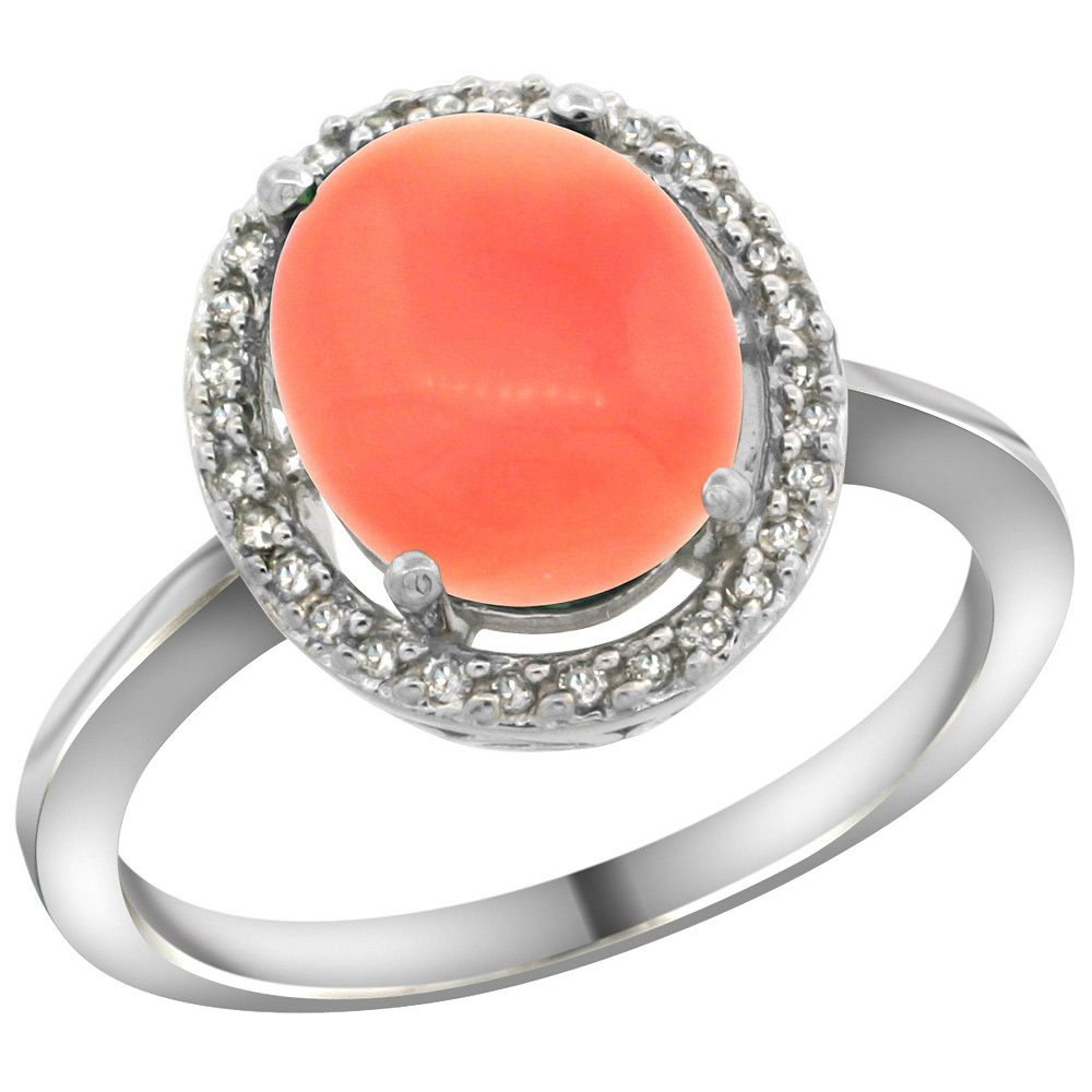 Sterling Silver Diamond Halo Natural Coral Ring Oval 10X8 mm, 1/2 inch wide, sizes 5 10