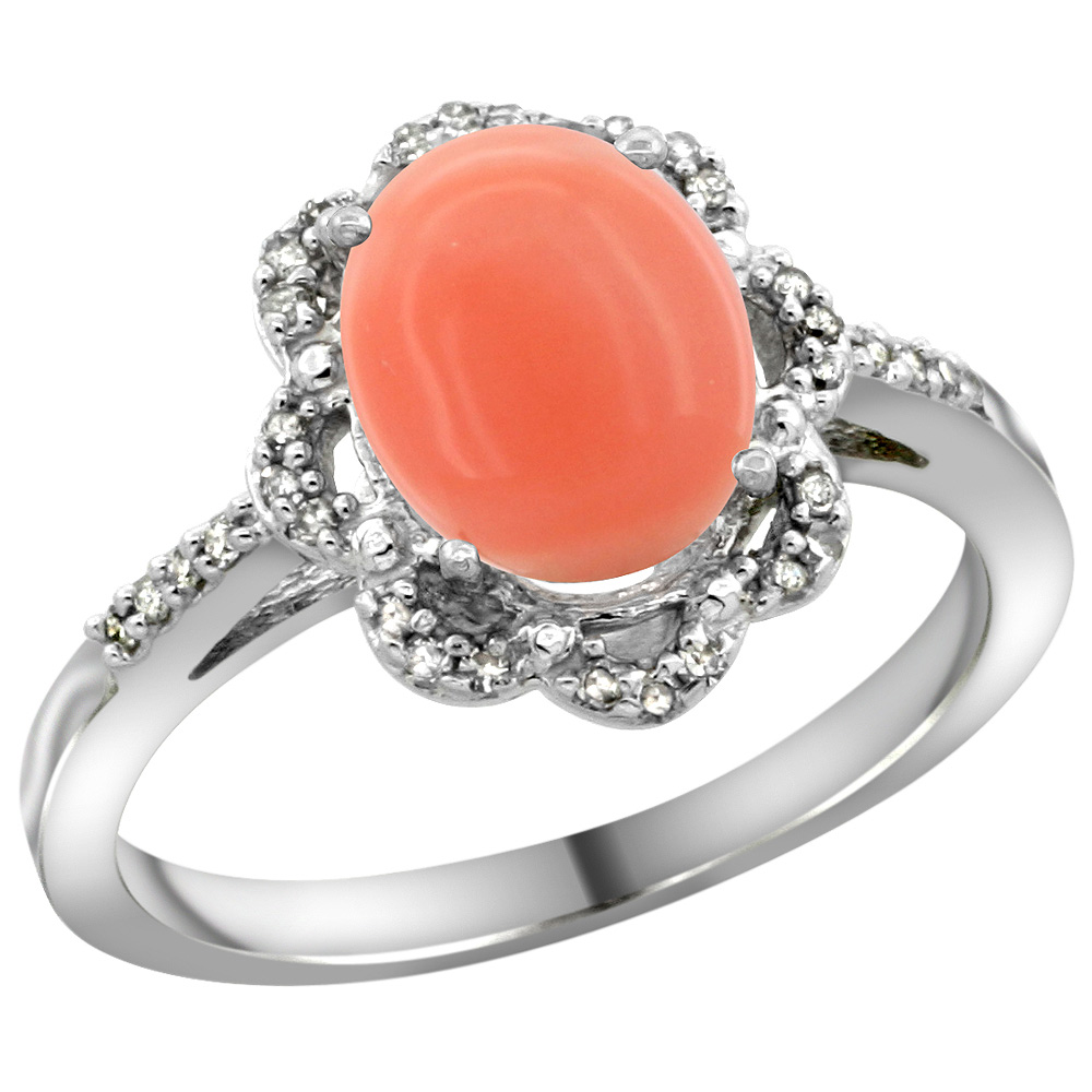 Sterling Silver Diamond Halo Natural Coral Ring Oval 9x7mm, 7/16 inch wide, sizes 5-10