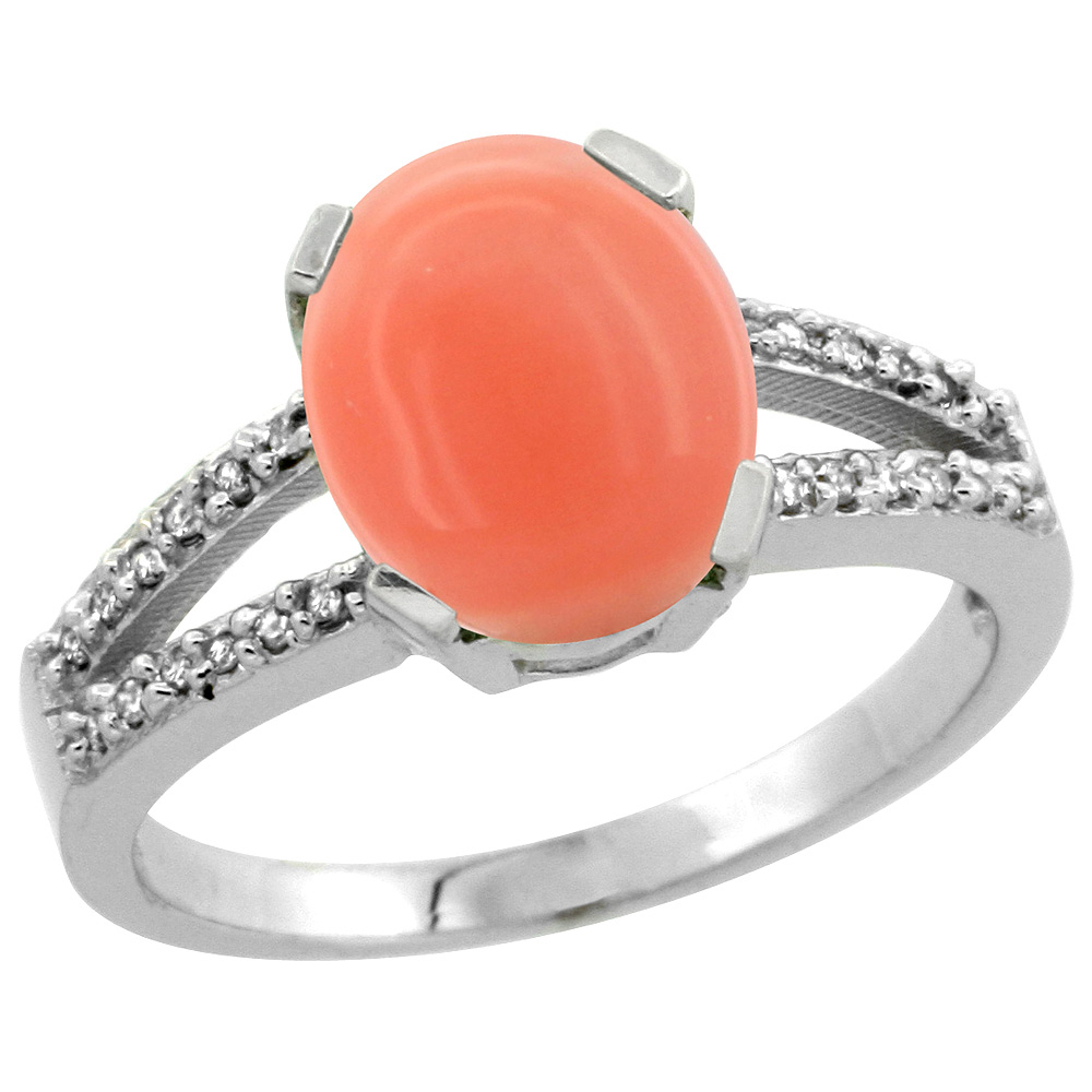 Sterling Silver Diamond Halo Natural Coral Ring Oval 10x8mm, 3/8 inch wide, sizes 5-10