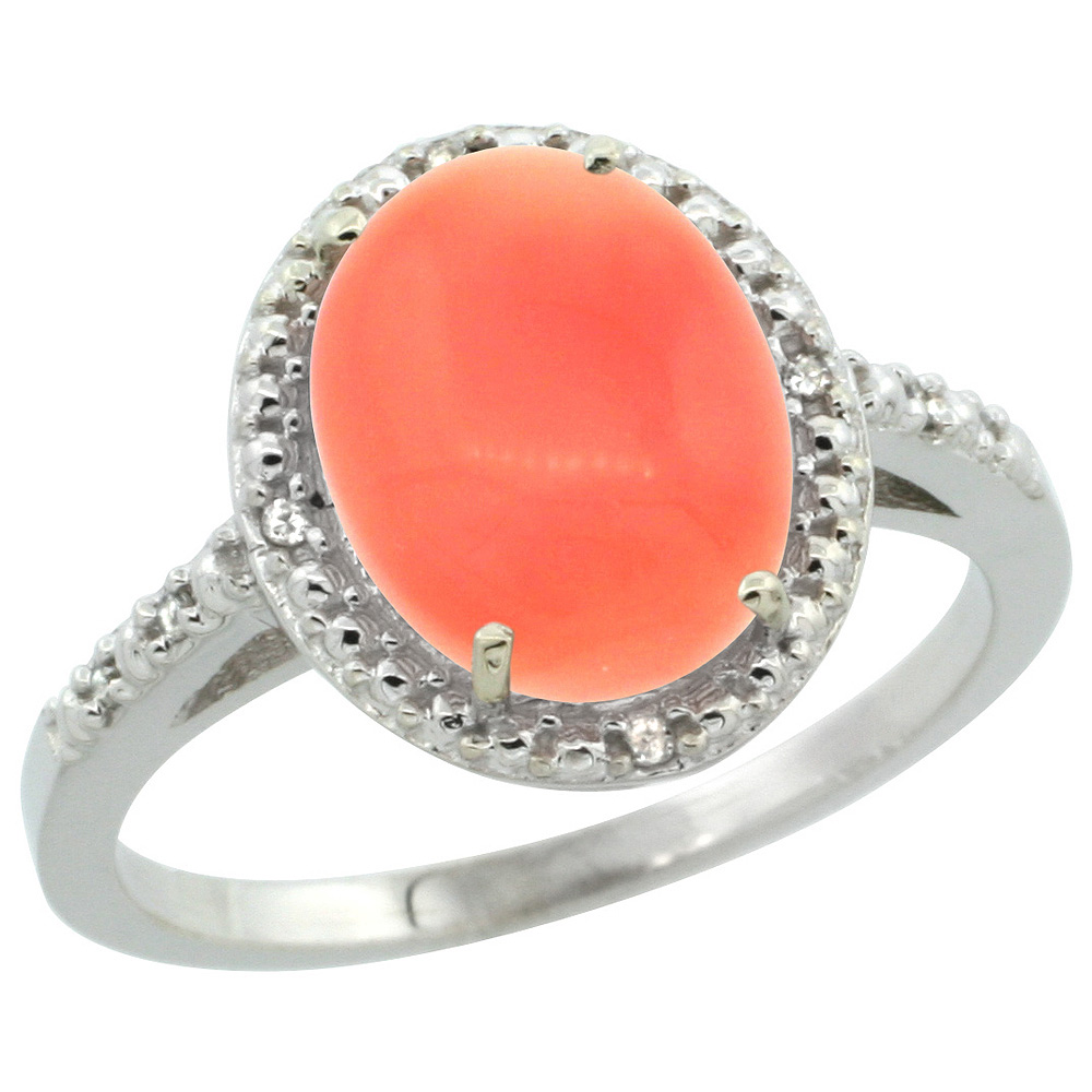 Sterling Silver Diamond Natural Coral Ring Oval 10x8mm, 1/2 inch wide, sizes 5-10