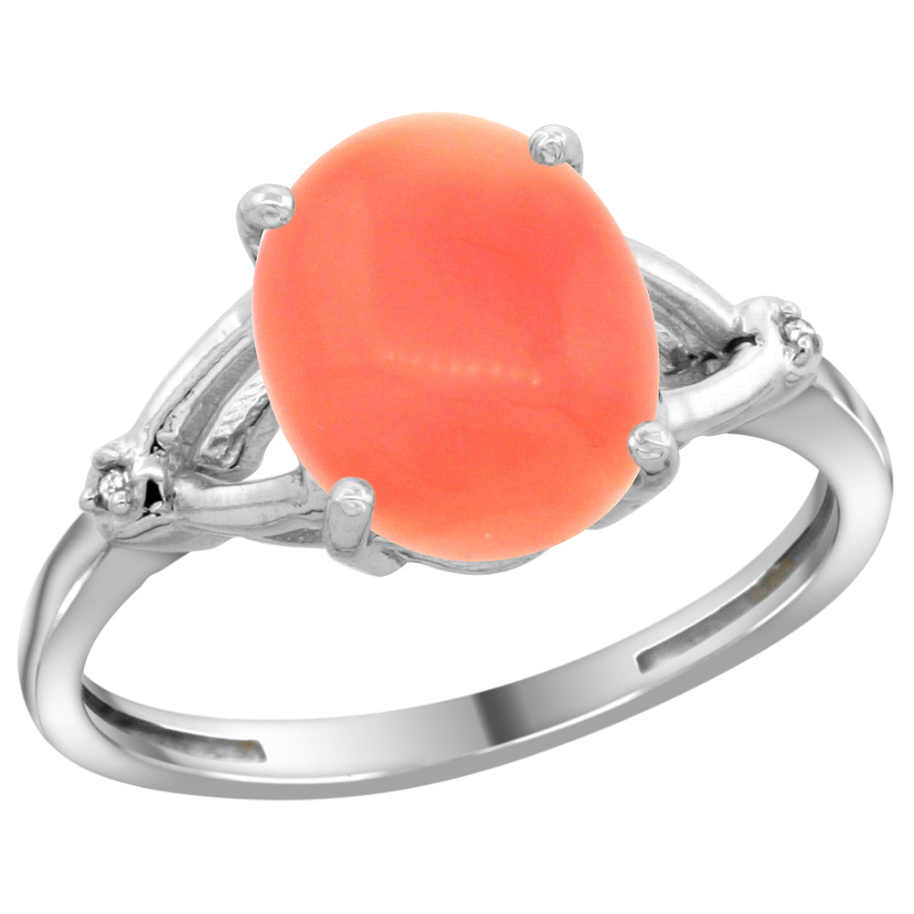 Sterling Silver Diamond Natural Coral Ring Oval 10x8mm, 3/8 inch wide, sizes 5-10