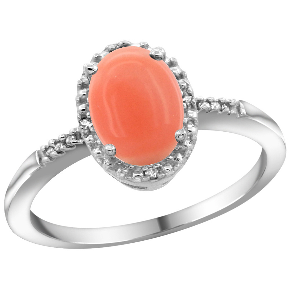 Sterling Silver Diamond Natural Coral Ring Oval 8x6mm, 3/8 inch wide, sizes 5-10