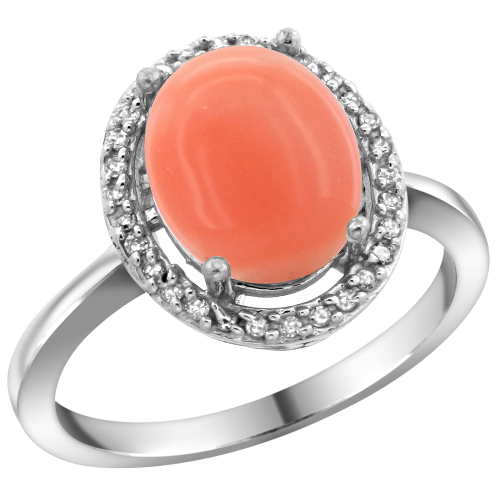 Sterling Silver Diamond Natural Coral Ring Oval 10x8mm, 1/2 inch wide, sizes 5-10