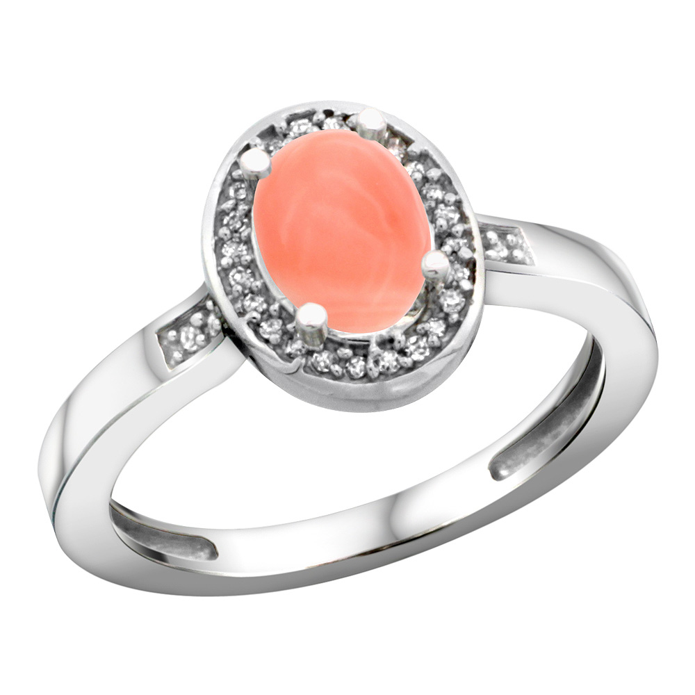 Sterling Silver Diamond Natural Coral Ring Oval 7x5mm, 1/2 inch wide, sizes 5-10