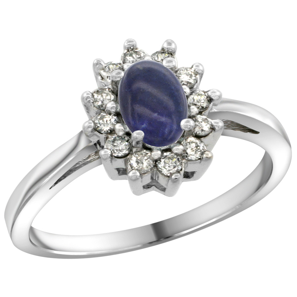 Sterling Silver Natural Lapis Diamond Flower Halo Ring Oval 6X4mm, 3/8 inch wide, sizes 5 10
