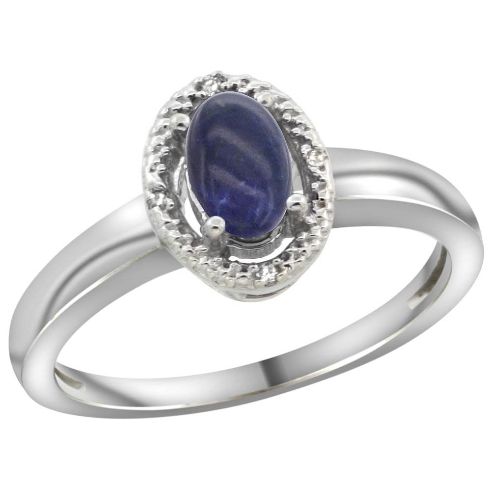 Sterling Silver Diamond Halo Natural Lapis Ring Oval 6X4 mm, 3/8 inch wide, sizes 5-10