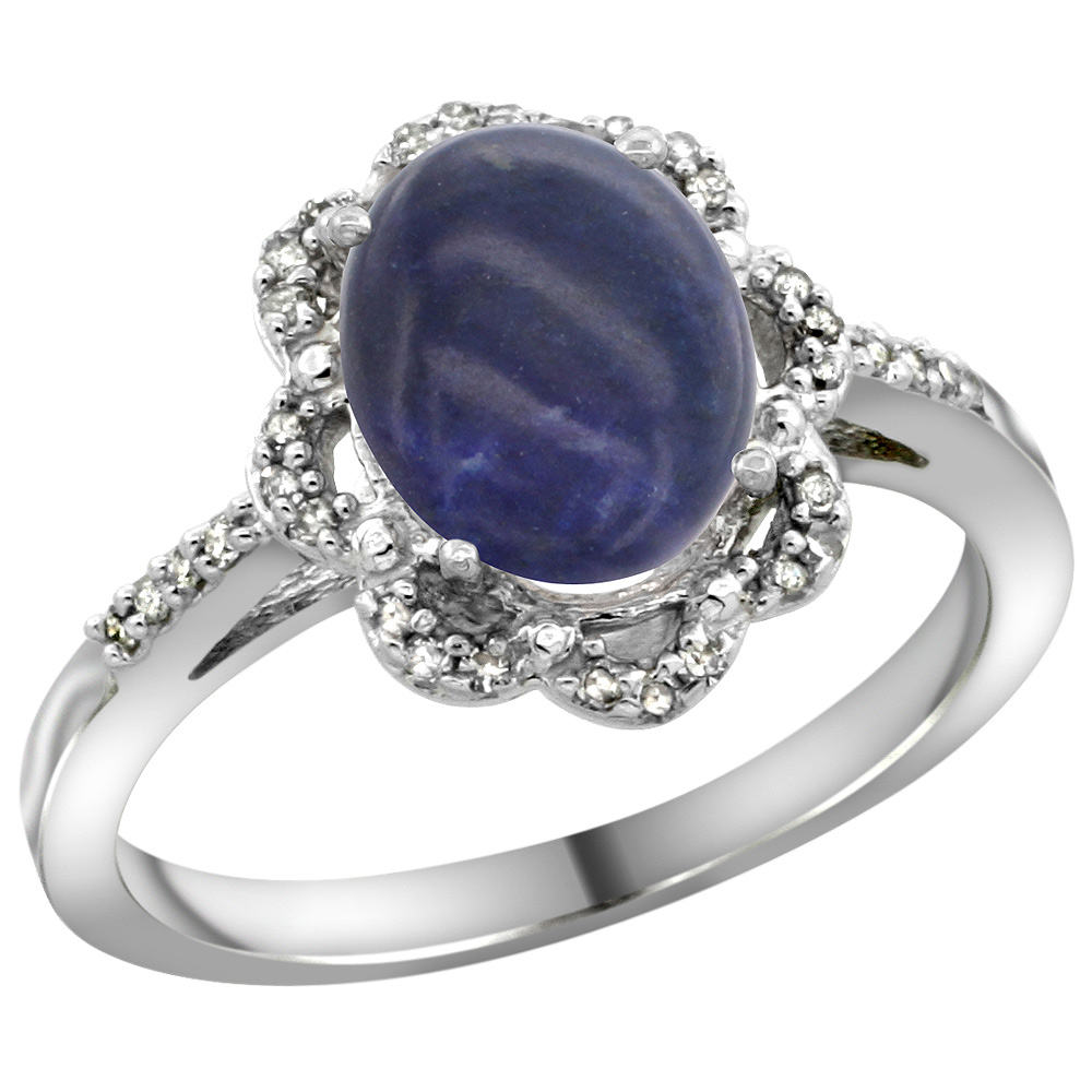 Sterling Silver Diamond Halo Natural Lapis Ring Oval 9x7mm, 7/16 inch wide, sizes 5-10
