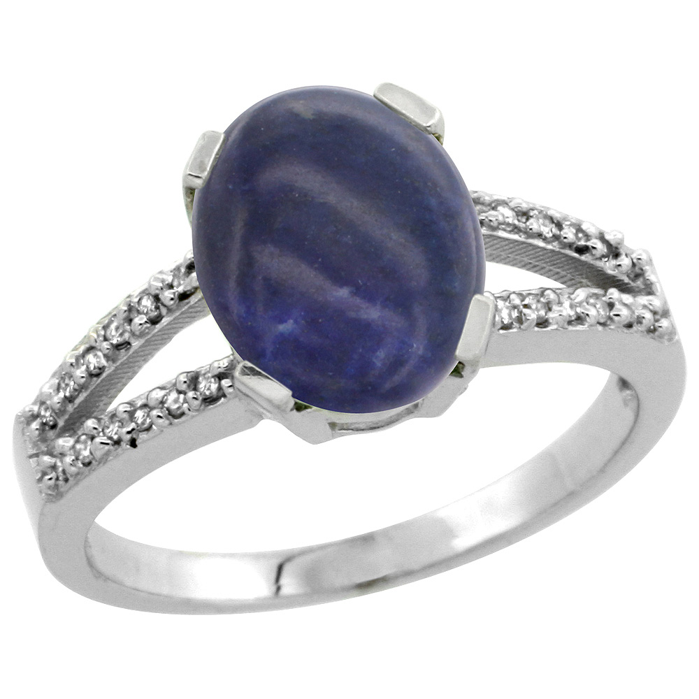 Sterling Silver Diamond Halo Natural Lapis Ring Oval 10x8mm, 3/8 inch wide, sizes 5-10