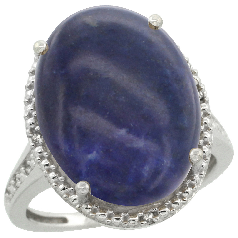 Sterling Silver Diamond Natural Lapis Ring Oval 18x13mm, 3/4 inch wide, sizes 5-10