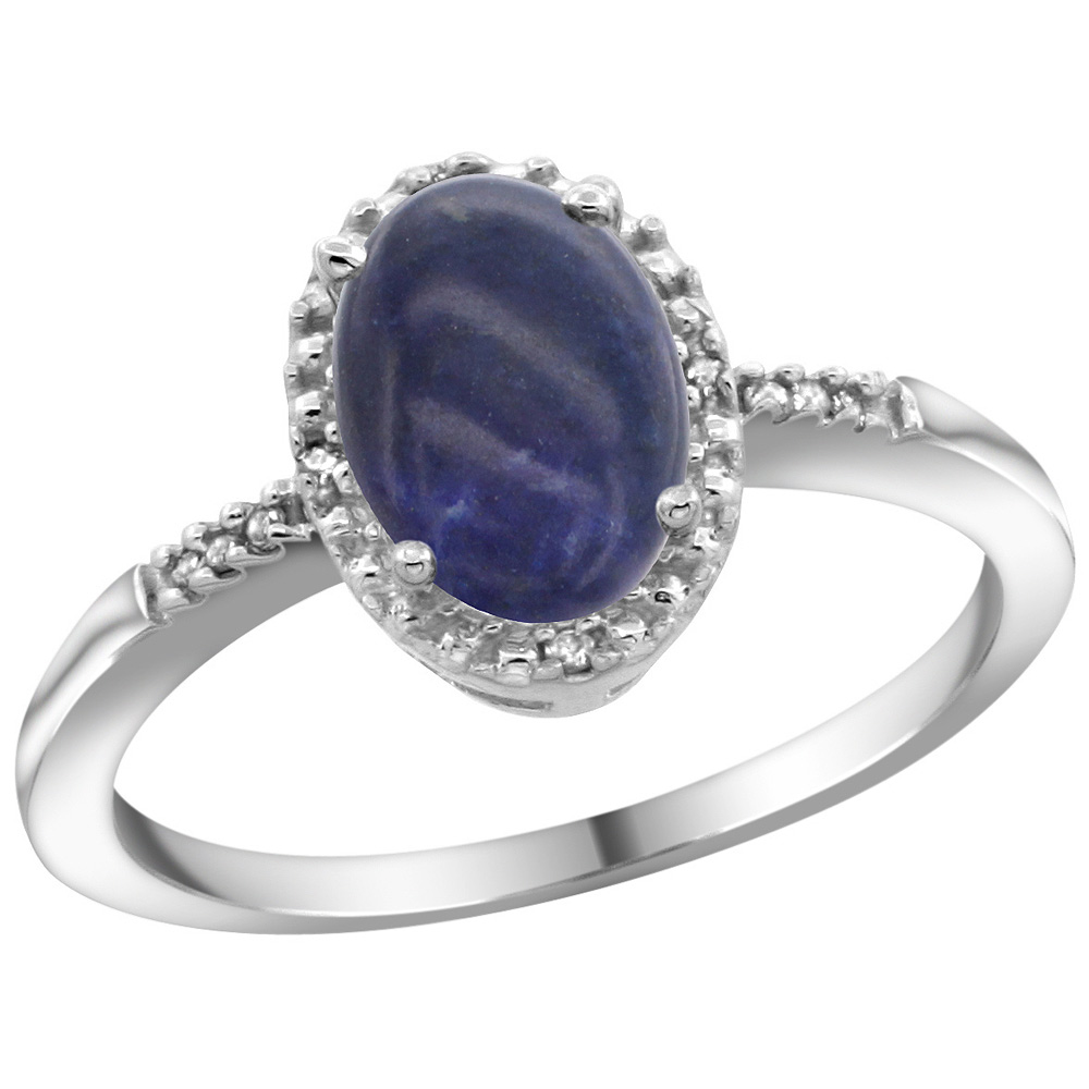 Sterling Silver Diamond Natural Lapis Ring Oval 8x6mm, 3/8 inch wide, sizes 5-10