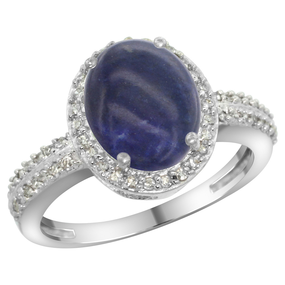 Sterling Silver Diamond Natural Lapis Ring Oval 10x8mm, 1/2 inch wide, sizes 5-10