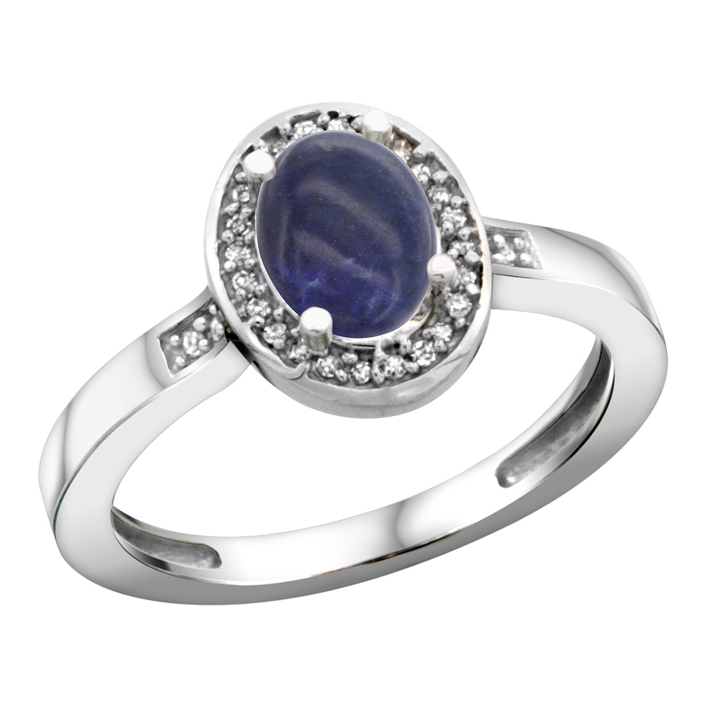 Sterling Silver Diamond Natural Lapis Ring Oval 7x5mm, 1/2 inch wide, sizes 5-10