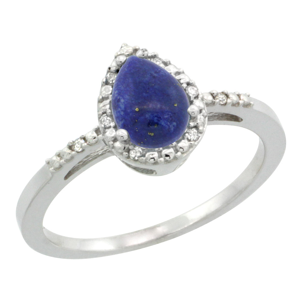 Sterling Silver Diamond Natural Lapis Ring Pear 7x5mm, 3/8 inch wide, sizes 5-10