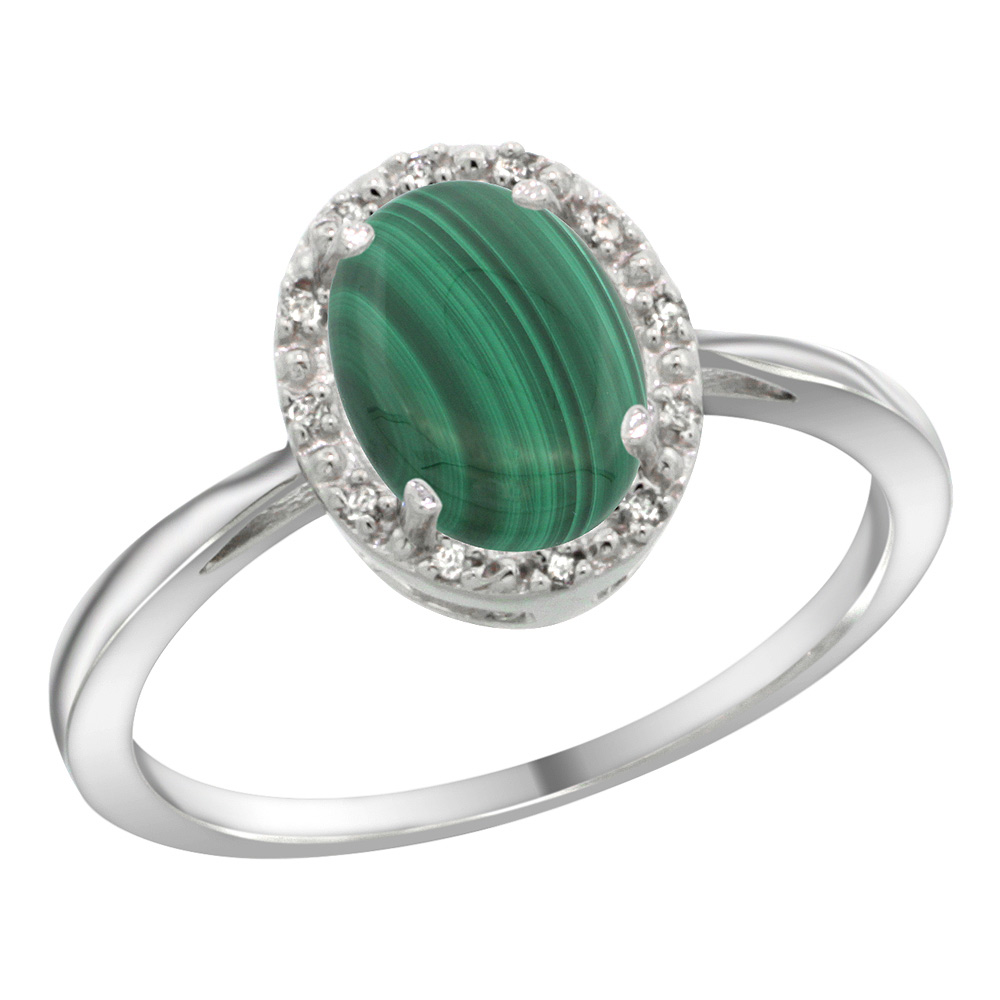 Sterling Silver Natural Malachite Diamond Halo Ring Oval 8X6mm, 1/2 inch wide, sizes 5 10