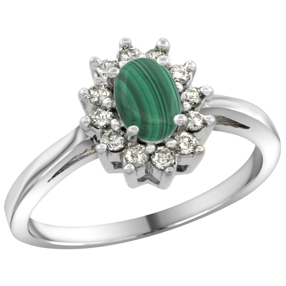 Sterling Silver Natural Malachite Diamond Flower Halo Ring Oval 6X4mm, 3/8 inch wide, sizes 5 10