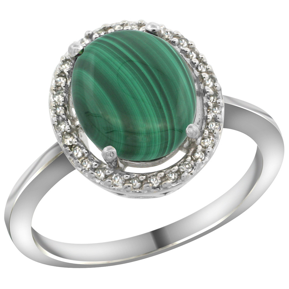 Sterling Silver Diamond Halo Natural Malachite Ring Oval 10X8 mm, 1/2 inch wide, sizes 5 10