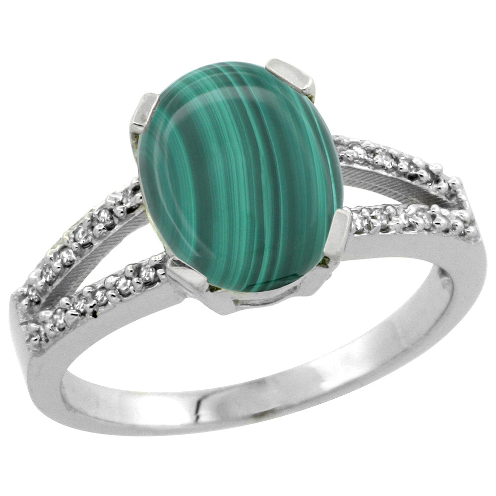 Sterling Silver Diamond Halo Natural Malachite Ring Oval 10x8mm, 3/8 inch wide, sizes 5-10