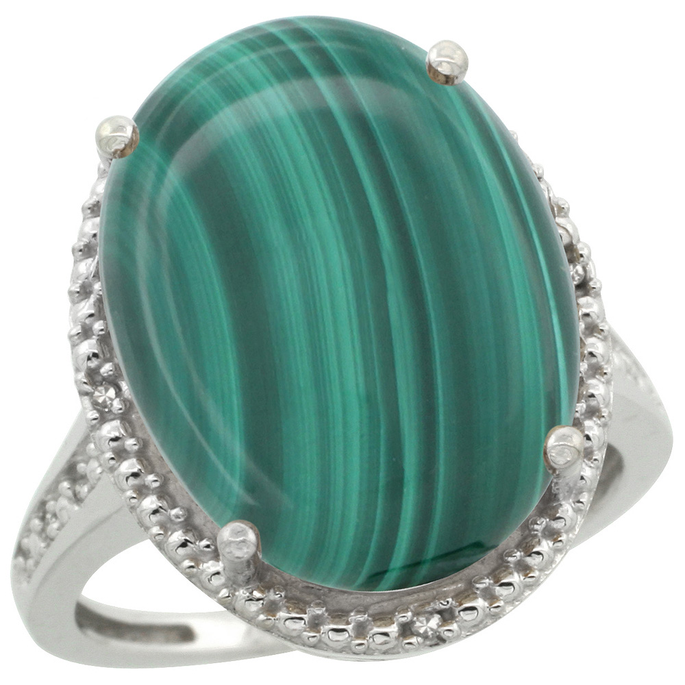 Sterling Silver Diamond Natural Malachite Ring Oval 18x13mm, 3/4 inch wide, sizes 5-10