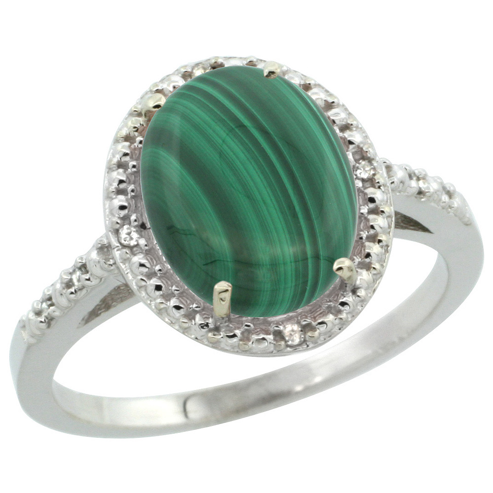 Sterling Silver Diamond Natural Malachite Ring Oval 10x8mm, 1/2 inch wide, sizes 5-10