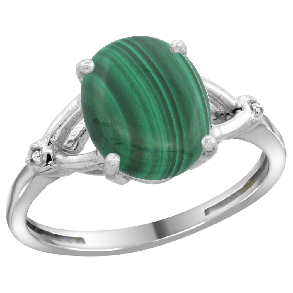 Sterling Silver Diamond 10x8mm Oval Natural Malachite Engagement Ring for Women 3/8 inch wide Sizes 5-10