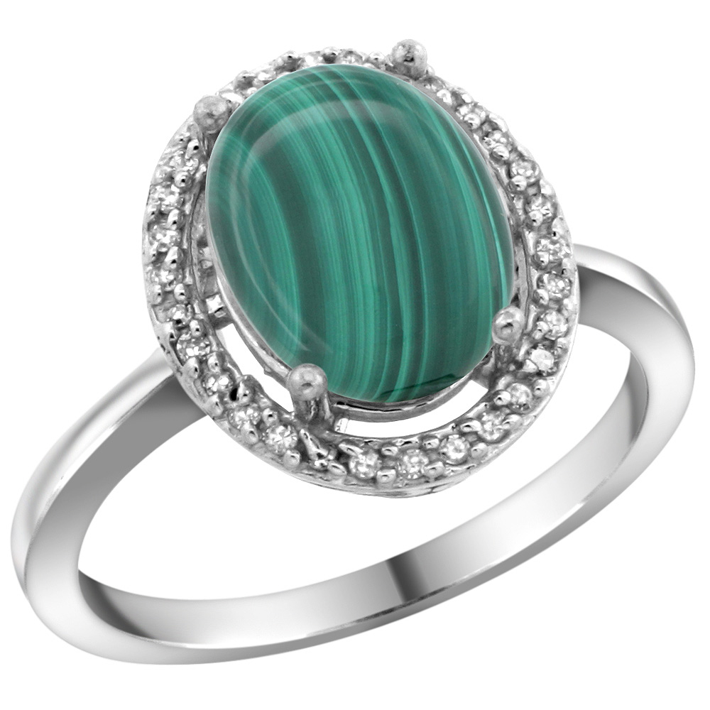 Sterling Silver Diamond Natural Malachite Ring Oval 10x8mm, 1/2 inch wide, sizes 5-10