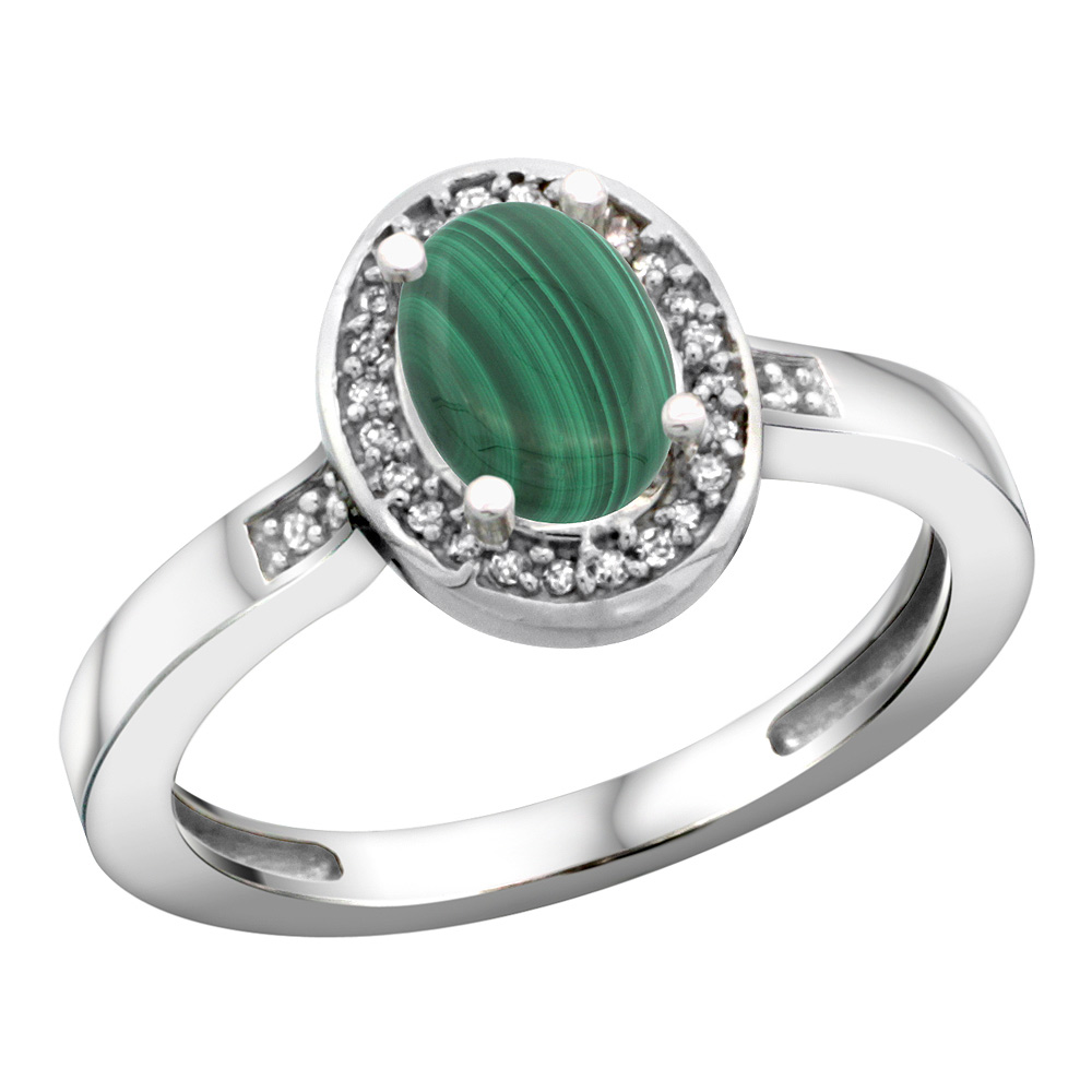 Sterling Silver Diamond Natural Malachite Ring Oval 7x5mm, 1/2 inch wide, sizes 5-10