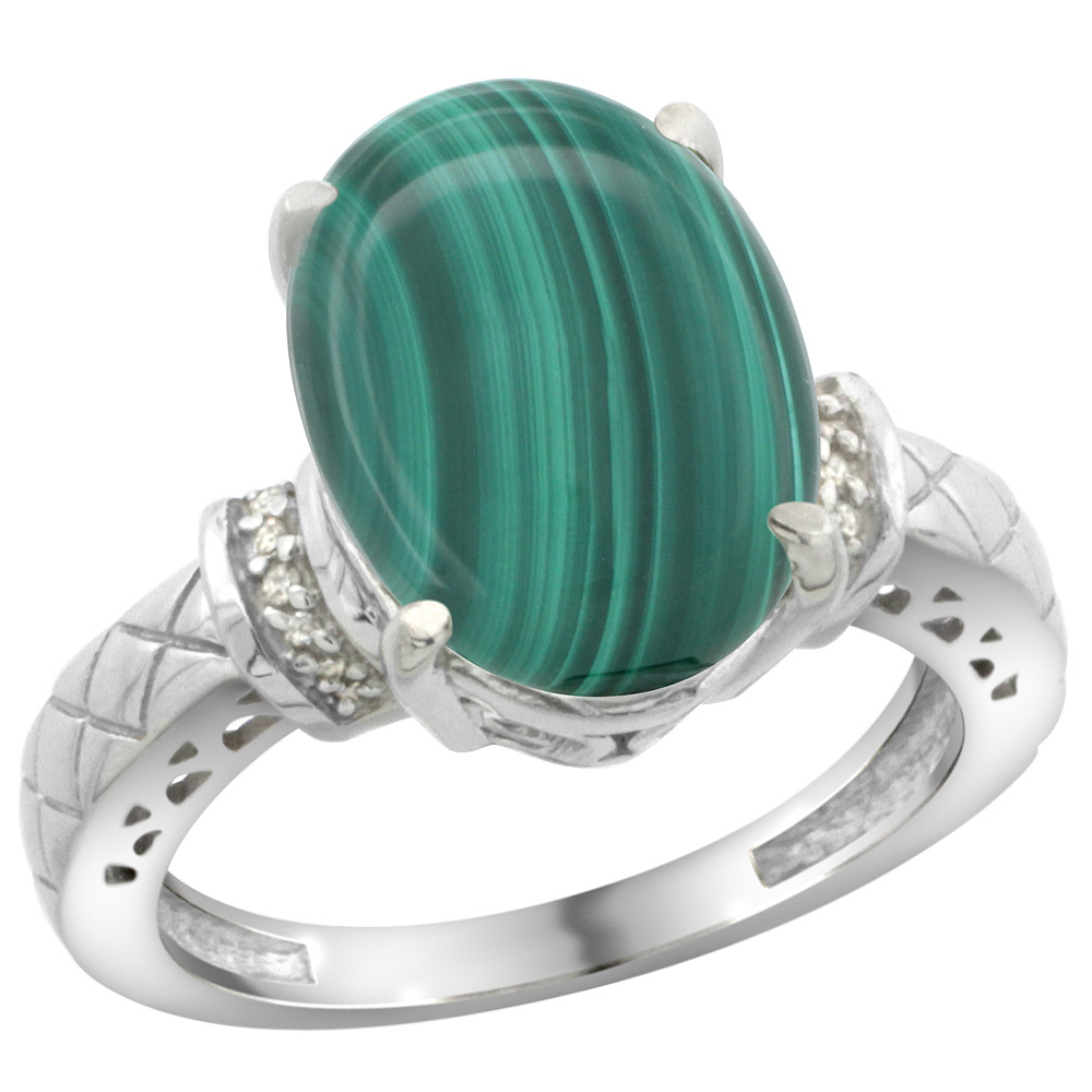 Sterling Silver Diamond Natural Malachite Ring Oval 14x10mm, sizes 5-10