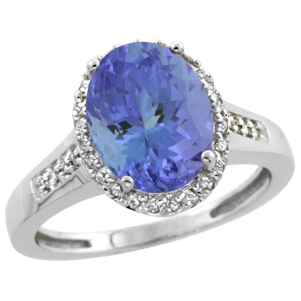 Sterling Silver Diamond Natural Tanzanite Ring Oval 10x8mm, 1/2 inch wide, sizes 5-10