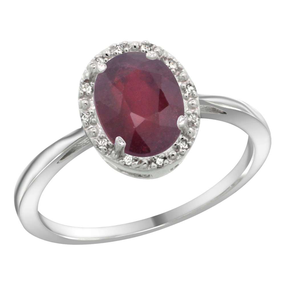 Sterling Silver Natural High Quality Ruby Diamond Halo Ring Oval 8X6mm, 1/2 inch wide, sizes 5-10