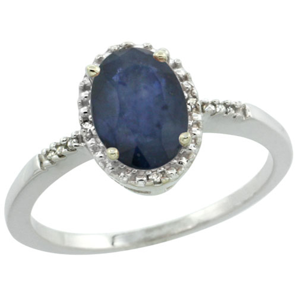 Sterling Silver Diamond Natural High Quality Blue Sapphire Ring Oval 8x6mm, 3/8 inch wide, sizes 5-10
