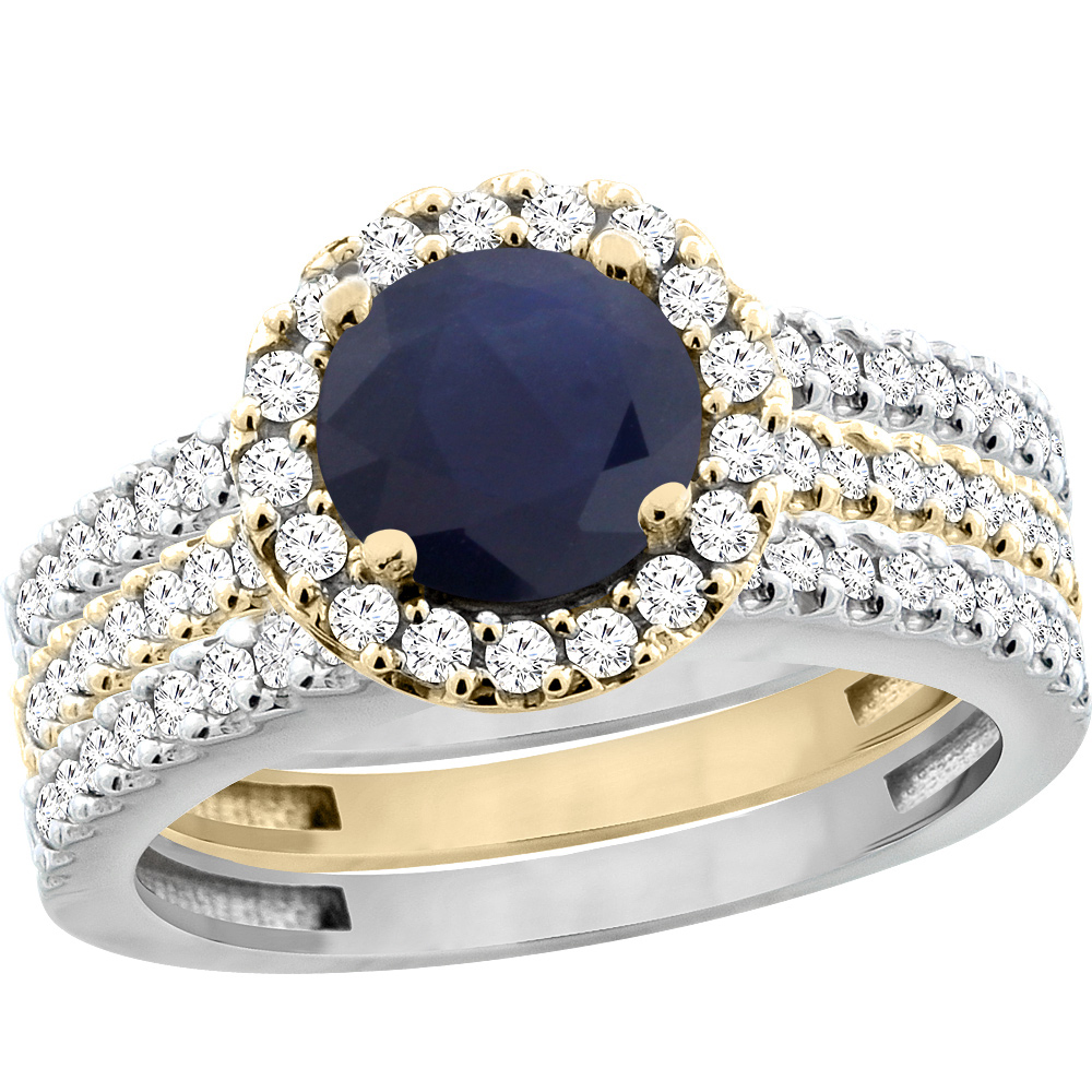 14K Gold Diamond Halo Natural Quality Blue Sapphire 3pc Engagement Ring Set Two-tone Round 6mm, size 5-10