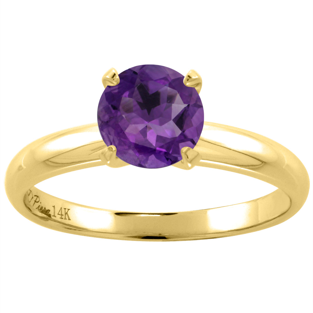 14K Yellow Gold Natural Amethyst Solitaire Engagement Ring Round 7 mm, sizes 5-10