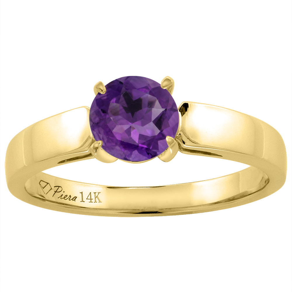 14K Yellow Gold Natural Amethyst Solitaire Engagement Ring Round 7 mm, sizes 5-10